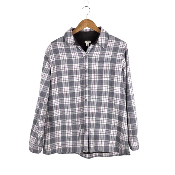 L.L.Bean Tops - LL Bean Womens Flannel Fleece Lined Shirt Jacket Gray Purple Plaid M‎ Cabincore